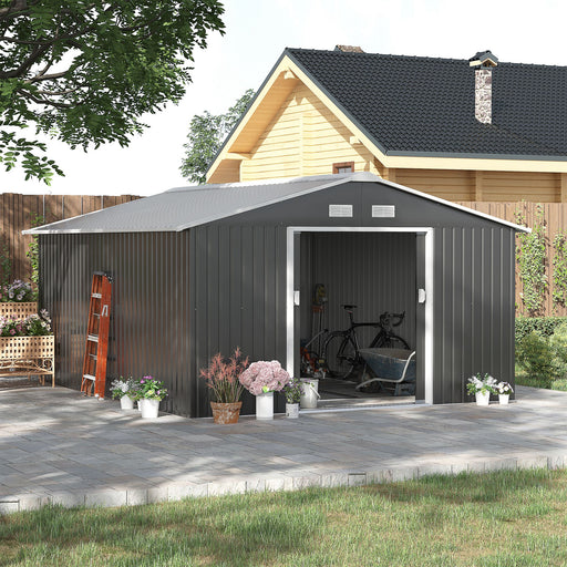 Outsunny 13 x 11ft Garden Metal Storage Shed Outdoor Storage Shed with Foundation Ventilation & Doors, Grey