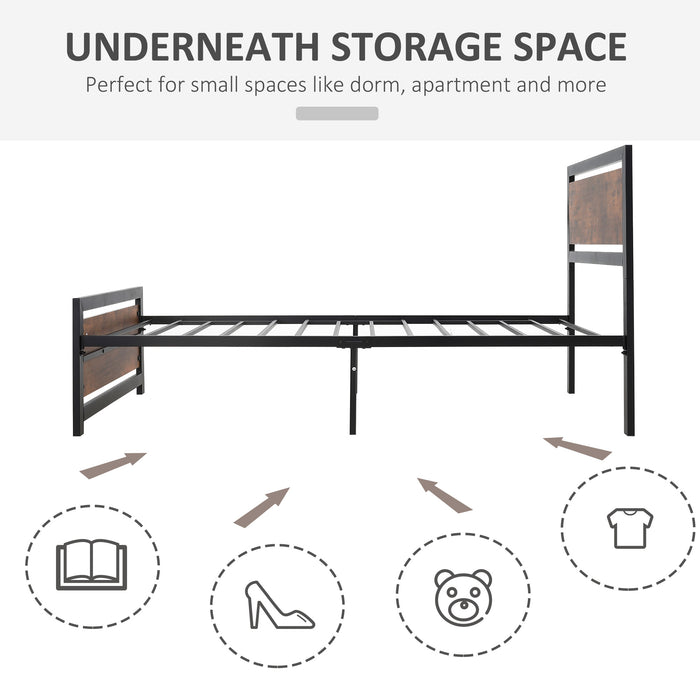 Single Metal Bed Frame with Headboard & Footboard, Strong Slat Support Solid Bedstead Base w/ Underbed Storage Space, No Box Spring Needed