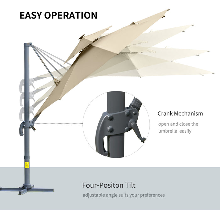 3m Cantilever Parasol w/ Solar Lights Power Bank Cross Base Adjustable Canopy 360° Spin Outdoor Garden Umbrella 2-Tier Roof Sun Shade Khaki