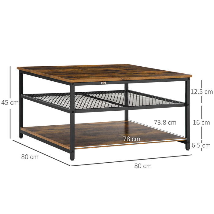 Industrial Coffee Table, Square Cocktail Table with 3-Tier Storage Shelves for Living Room, Rustic Brown