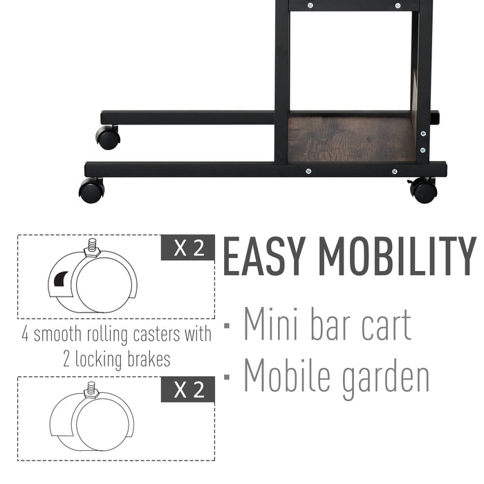 C-Shaped Side Table Industrial Mobile Rolling End Desk with 3-Tier Storage Shelving, Adjustable Height, Wheels