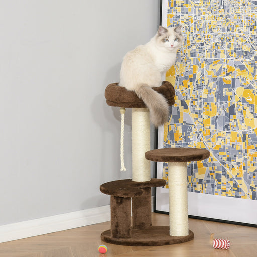 65 cm Cat Tree for Indoor Cats Kitty Scratcher Kitten Activity Center Scratching Post Playhouse 2 Perch w/ Hanging Sisal Rope Brown