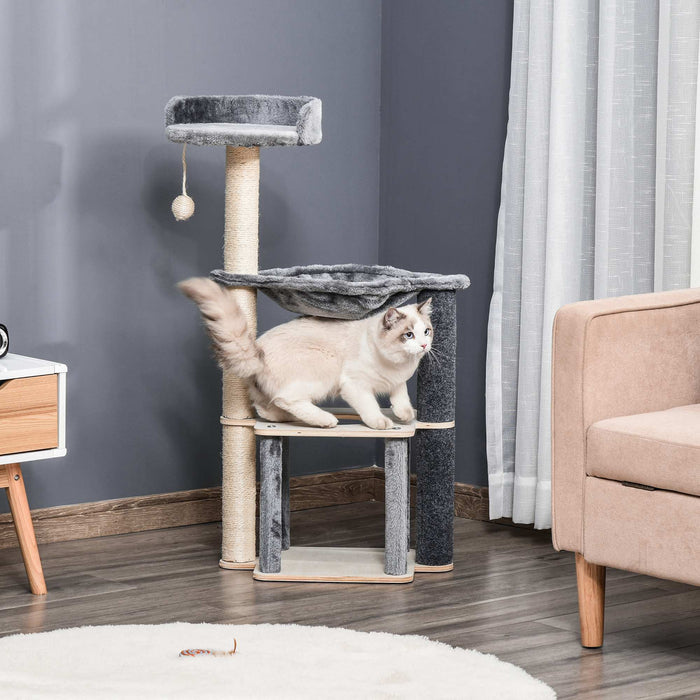 Cat Tree Cat Tower 95cm Climbing Kitten Activity Center with Sisal Scratching Post Perch Roomy Condo Hammock, Grey