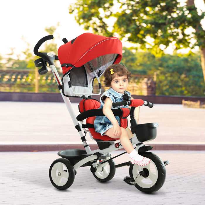 HOMCOM 4 in 1 Tricycle for Kids Toddler Folding Trike with Parent Handle Reversible Seat Adjustable Handle Removable Canopy Safety Belt for 18 Months to 5 Years Red QuidsIn Superstore