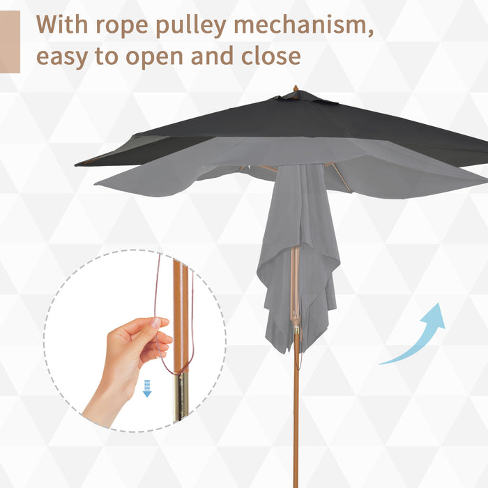 Wooden Garden Parasol Umbrella Outdoor Sun Shade Canopy, Dark Grey，2 x 3m