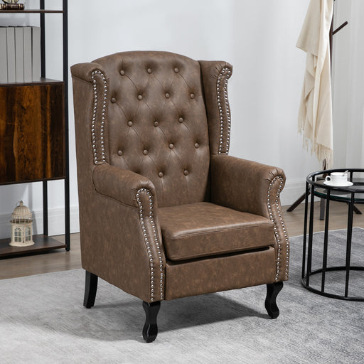 Wingback Armchair, Chesterfield-style High Back Fireside Chair, Tufted Upholstered Accent Chair with Nailhead Trim for Living Room, Bedroom, Home Office, Brown