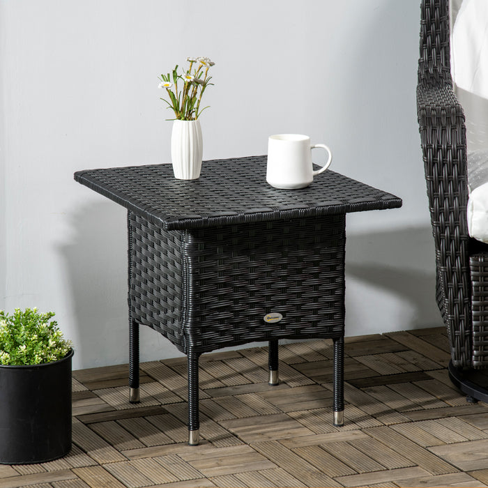 Outsunny Rattan Side Table, Outdoor Coffee Table, with Plastic Board Under the Full Woven Table Top for Patio, Garden, Balcony, Black