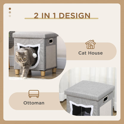 2 in 1 Cat Bed Ottoman, Comfortable Cat Sleeping Cave House w/ Removable Cushion, Scratching Pad, Handles, Anti-Slip Foot Pad, Toy Ball, Entrance - Grey