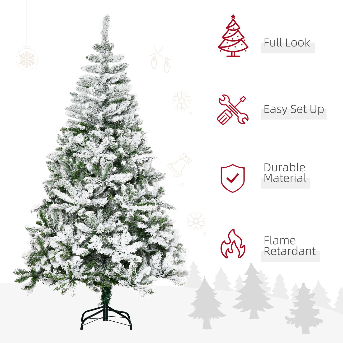 6 Ft Snow Flocked Artificial Christmas Tree Xmas Pine Tree with Realistic Branches, Auto Open and Steel Base, Green