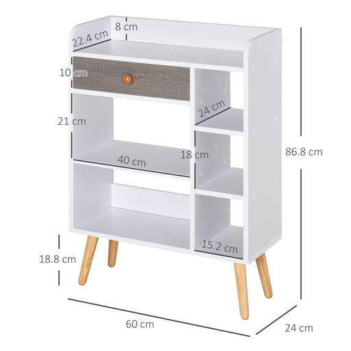 Multi-Shelf Modern Bookcase Freestanding Storage w/ Drawer 6 Shelves Wood Legs Home Office Display Furniture Stylish White Grey