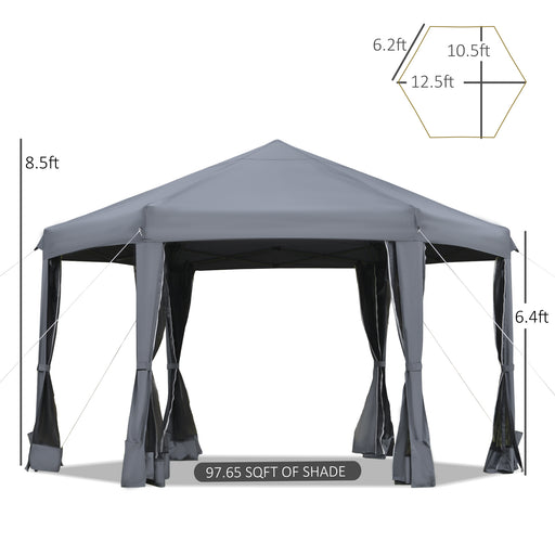 3.2m Pop Up Gazebo Hexagonal Canopy Tent Outdoor Sun Protection with Mesh Sidewalls, Handy Bag, Grey