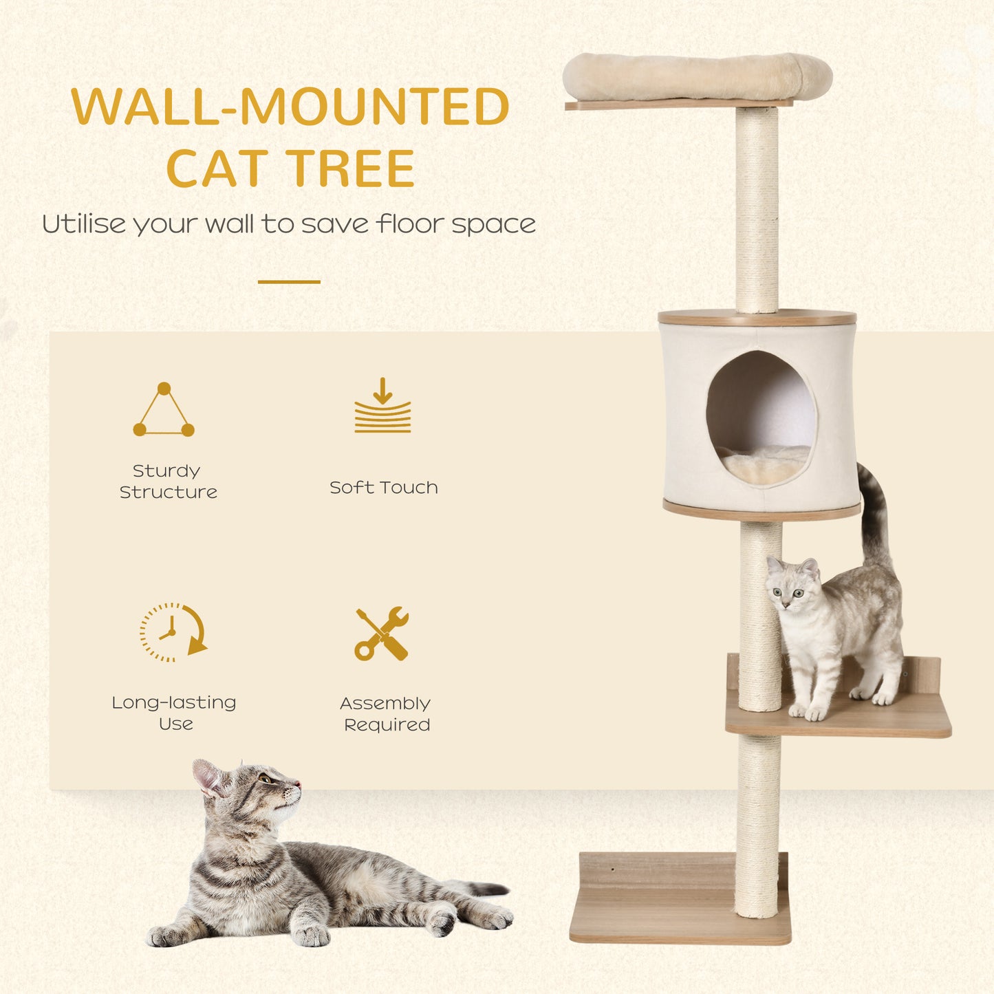 Cat Tree for Indoor Cats Wall-Mounted Cat Shelf Shelter Kitten Perch Climber Furniture w/ Condo Bed Scratching Post – Beige