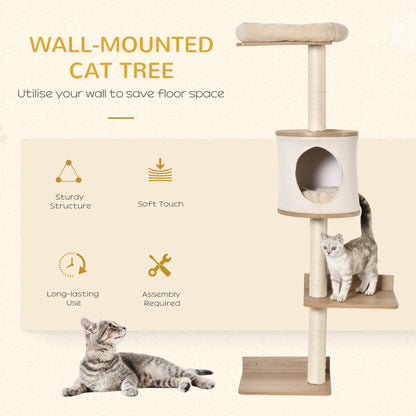 Cat Tree for Indoor Cats Wall-Mounted Cat Shelf Shelter Kitten Perch Climber Furniture w/ Condo Bed Scratching Post – Beige