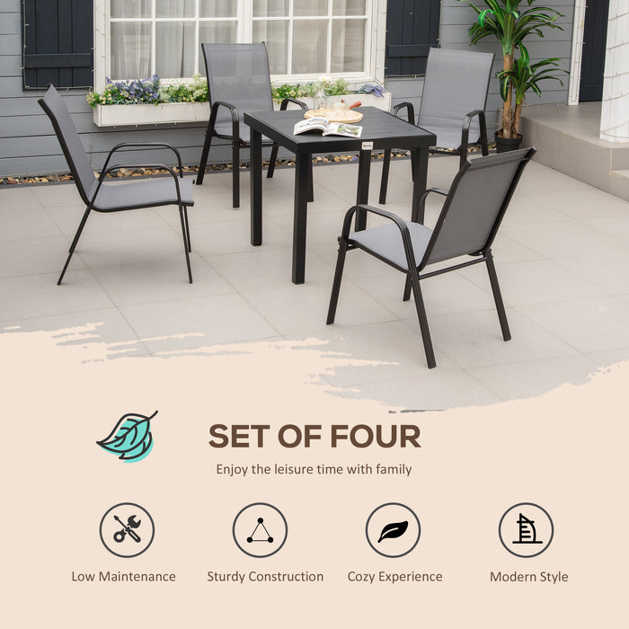 Outsunny Set of 4 Garden Dining Chair Set Stackable Outdoor Patio Furniture Set with Backrest and Armrest, Dark Grey