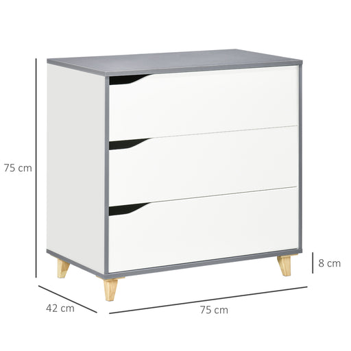 Drawer Chest, 3-Drawer Storage Cabinet Unit with Pine Wood Legs for Bedroom, Living Room, 75cmx42cmx75cm, White