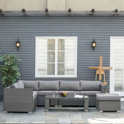 6 Pieces Outdoor PE Rattan Wicker Corner Sofa Set with 10cm Thick Padded Cushions, Aluminium Conservatory Furniture with Glass Top Coffee Table, Footstools, Grey