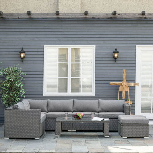6 Pieces Outdoor PE Rattan Wicker Corner Sofa Set with 10cm Thick Padded Cushions, Aluminium Conservatory Furniture with Glass Top Coffee Table, Footstools, Grey