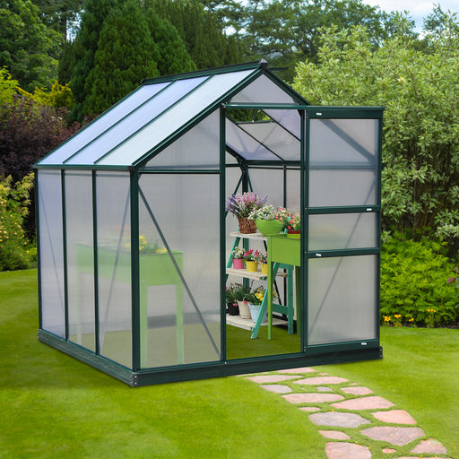 Outsunny 6 x 6ft Polycarbonate Greenhouse, Large Walk-In Green House with Slide Door and Window, Garden Plants Grow House with Aluminium Frame and Foundation