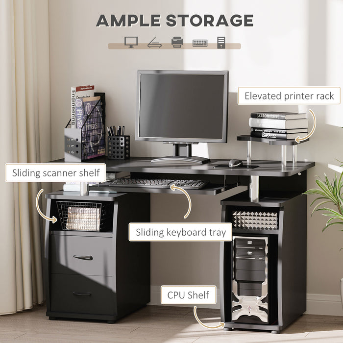 Computer Desk Office PC Table Workstation with Keyboard Tray, CPU Shelf, Drawers, Sliding Scanner Shelf, Black