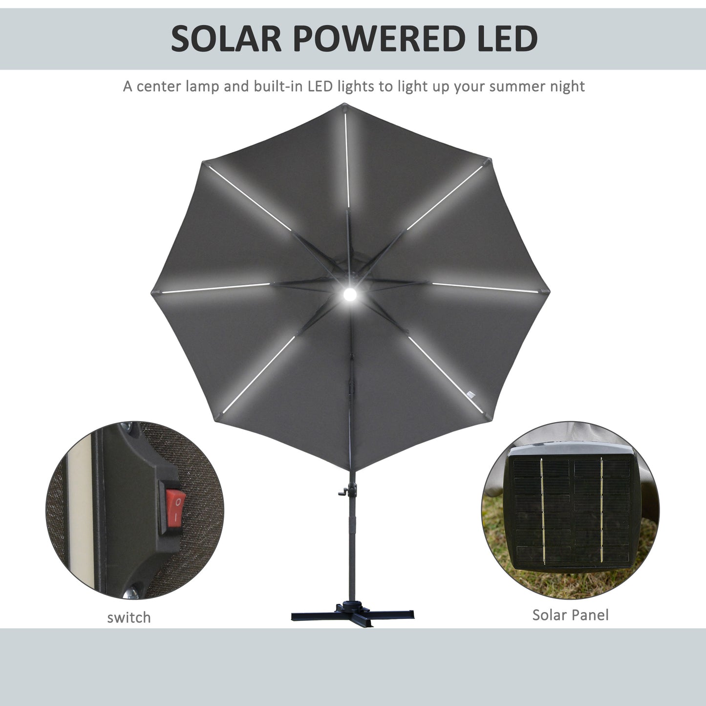 3(m) Cantilever Roma Parasol Garden Sun Umbrella Outdoor Patio with LED Solar Light Cross Base 360° Rotating, Grey