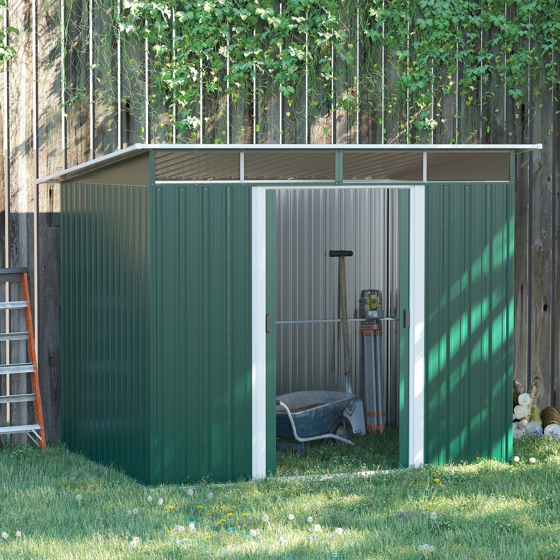 Outsunny 8.5 x 6ft Metal Garden Storage Shed, Tool Storage House with Double Doors and Lightsky Panels and Ventilation for Backyard, Patio and Lawn, Green