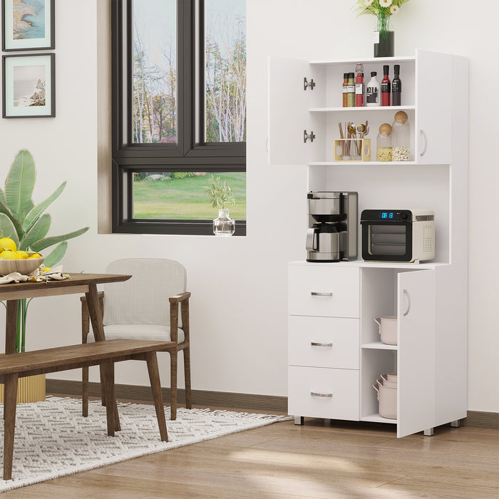 Free standing Kitchen Cabinet Cupboard with 2 cabinet, 3 drawers and 1 Open Space, Adjustable Height Storage Unit, White