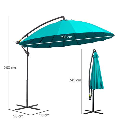 3(m) Cantilever Shanghai Parasol Garden Hanging Banana Sun Umbrella with Crank Handle, 18 Sturdy Ribs and Cross Base, Turquoise