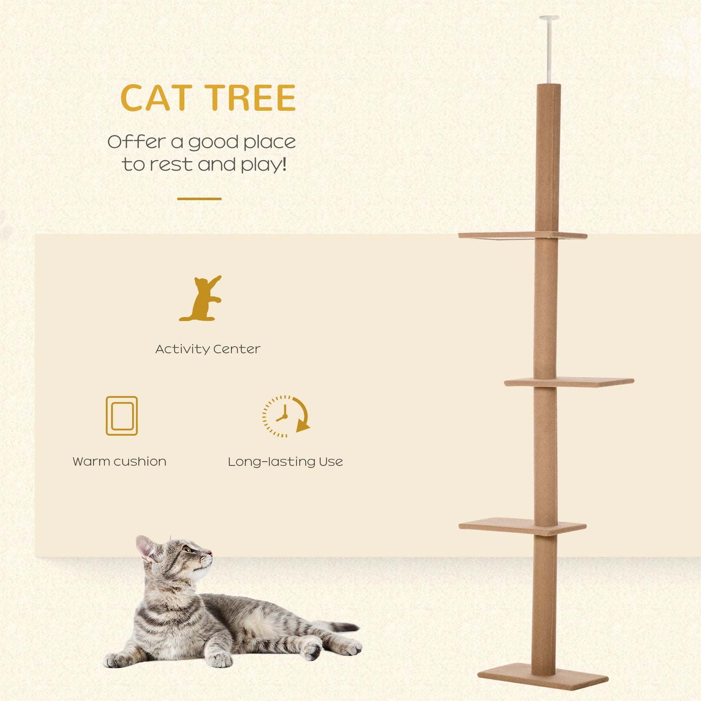 260cm Floor To Ceiling Cat Tree for Indoor Cats w/ Three Platforms Activity Centre - Brown