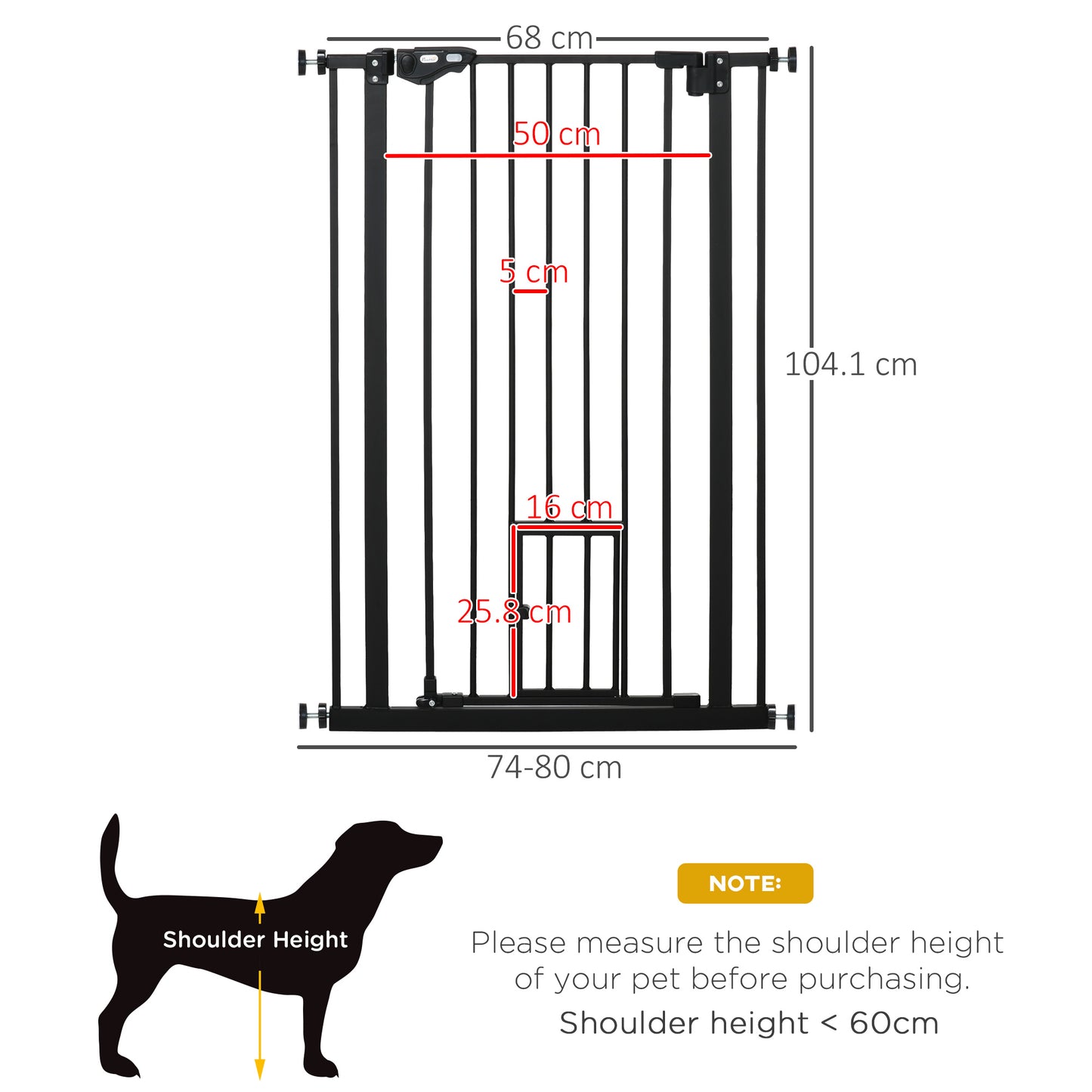 Extra Tall Dog Gate with Cat Flap, Pet Safety Gate for Doorways Stairs with Auto Close Double Locking, 104 cm Tall 74-80 cm Wide, Black