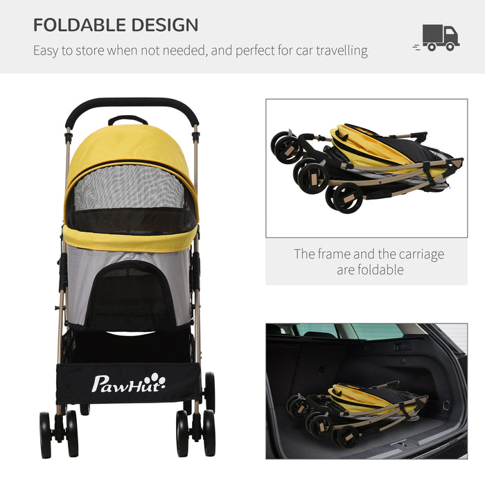 Detachable Pet Stroller, 3 In 1 Dog Cat Travel Carriage, Foldable Carrying Bag w/ Universal Wheels, Brake, Canopy, Basket, Storage Bag - Yellow