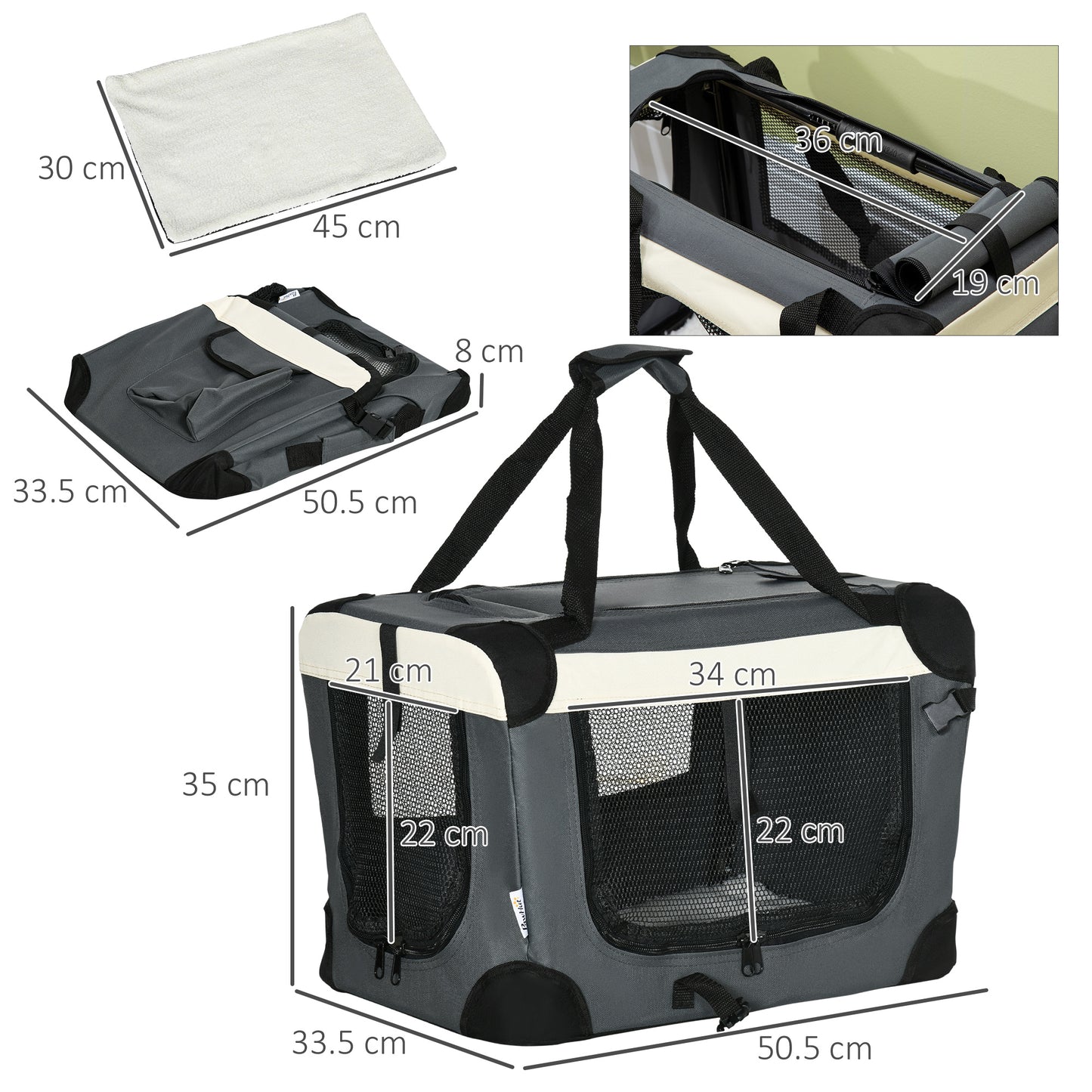 51cm Foldable Pet Carrier Bag Soft Travel Dog Crate, Portable Cat Carrier w/ Cushion, for Cats and Miniature Dogs - Grey