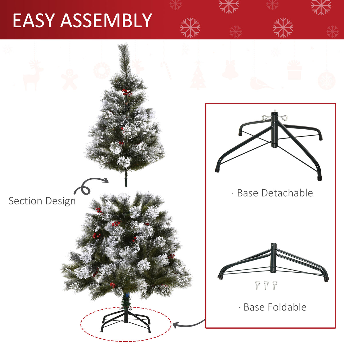 5ft Frosted Artificial Christmas Tree with Red Berries & Metal Stand