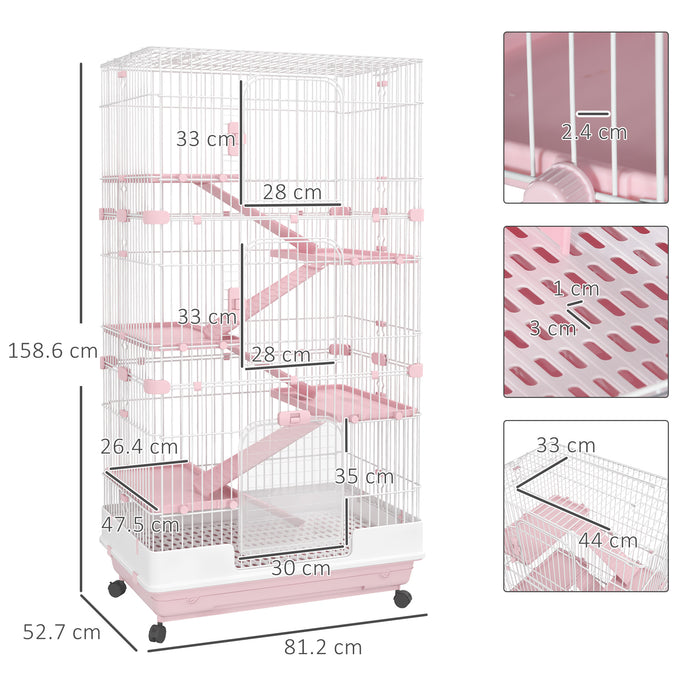 6 Levels Small Animal Cage Indoor Bunny House for Ferret Chinchilla with Wheels, Slide-out Tray, Pink