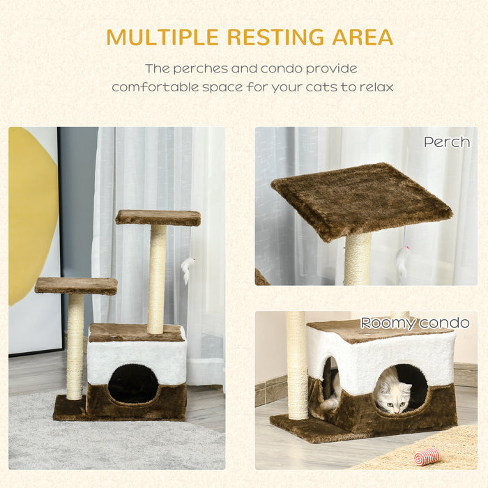 Cat Tree Tower for Indoor Cats Kitten House Scratching Posts with Condo Perch Interactive Mouse Toy, 45 x 33 x 70 cm, Brown