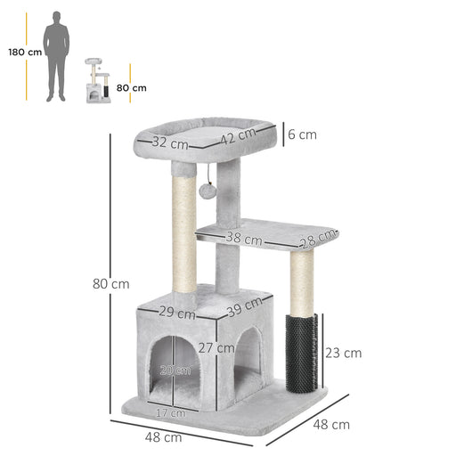 Cat Tree for Indoor Cats Climbing Tower Kitten Scratch Post Activity Center Kitten with Massage Toy Hanging Ball Bed Condo Perch 48 x 48 x 85cm Grey