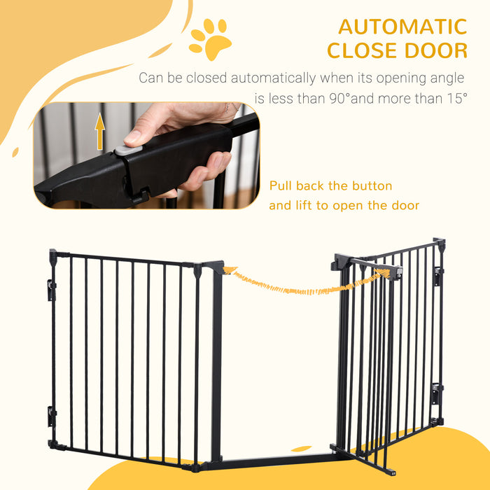 Pet Safety Gate 3-Panel Playpen Fireplace Christmas Tree Metal Fence Stair Barrier Room Divider with Walk Through Door Automatically Close Lock Black