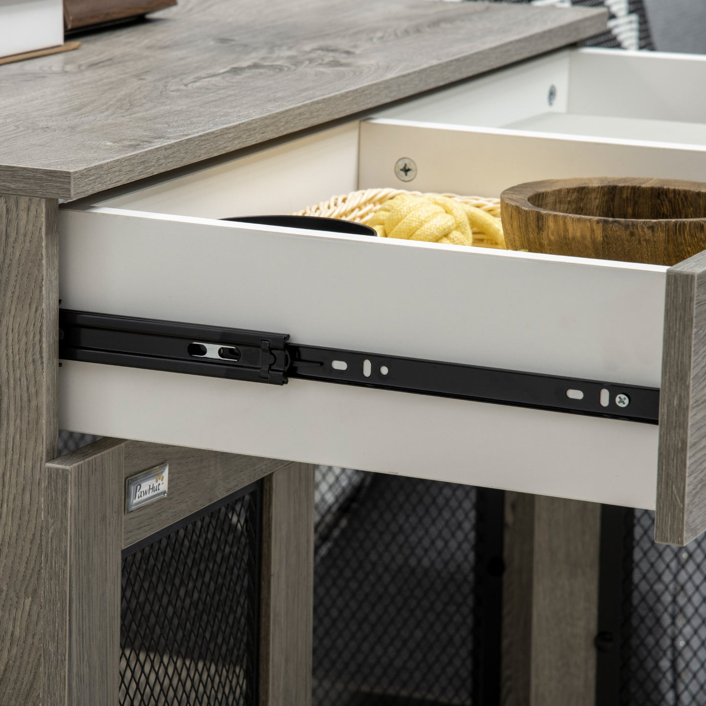 Indoor Dog Crate Furniture with Cushion, Double Doors, Pet Kennel End Table with Drawer, for Medium Dogs - Grey