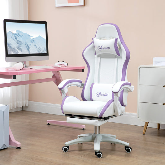 Vinsetto Racing Gaming Chair, Reclining PU Leather Computer Chair with 360 Degree Swivel Seat, Footrest, Removable Headrest and Lumber Support, White and Purple