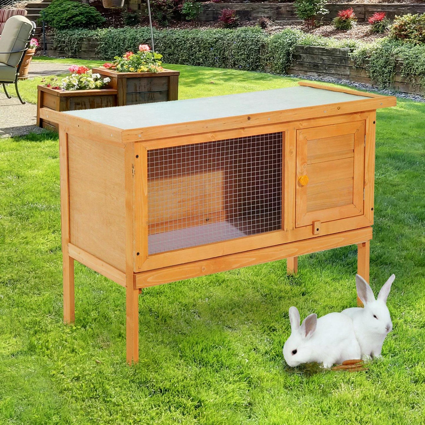 Wood Rabbit Hutch Guinea Pig House Bunny Cage Shelter Indoor Outdoor Elevated with Sliding Tray 90x45x65cm