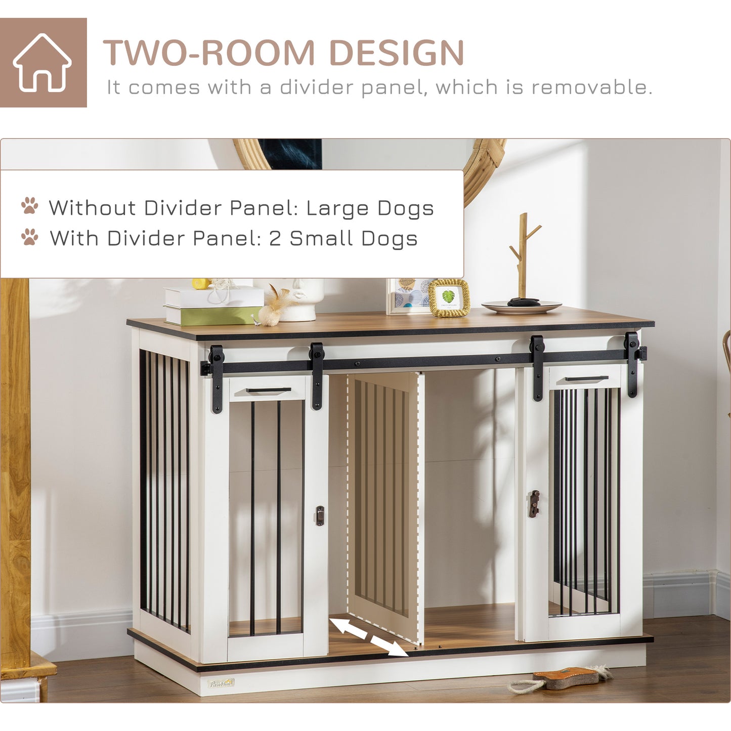 Dog Crate Furniture for Large Dog, Double Dog Cage for Small Dogs with Divider, Sliding Doors - White