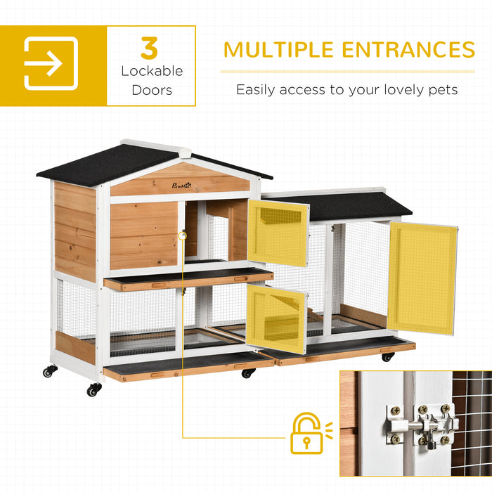 Two-Tier Rabbit Hutch Outdoor and Run Wooden Mobile Guinea Pig Hutch Bunny Cage w/ Wheels, Run, Slide-Out Tray, Ramp 157.4 x 53 x 99.5 cm