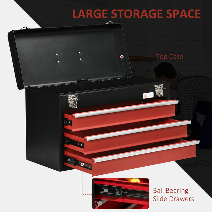 Tool Box - 3 Drawer Tool Chest, Lockable Metal Tool Box with Ball Bearing Runners, Portable Toolbox, 510mm x 220mm x 320mm, Black