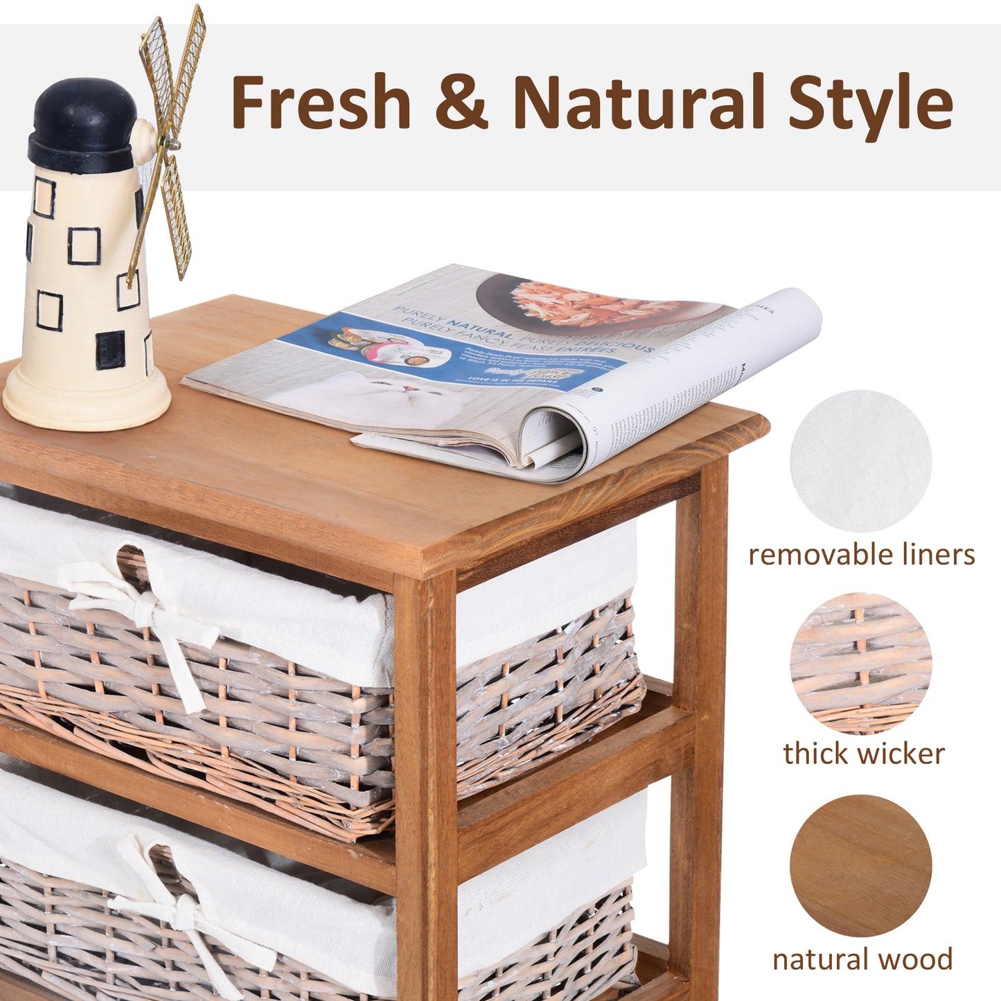 5 Drawer Dresser Wicker Basket Storage Shelf Unit Wooden Frame Home Organisation Cabinet Bedroom Office Furniture Natural Finish