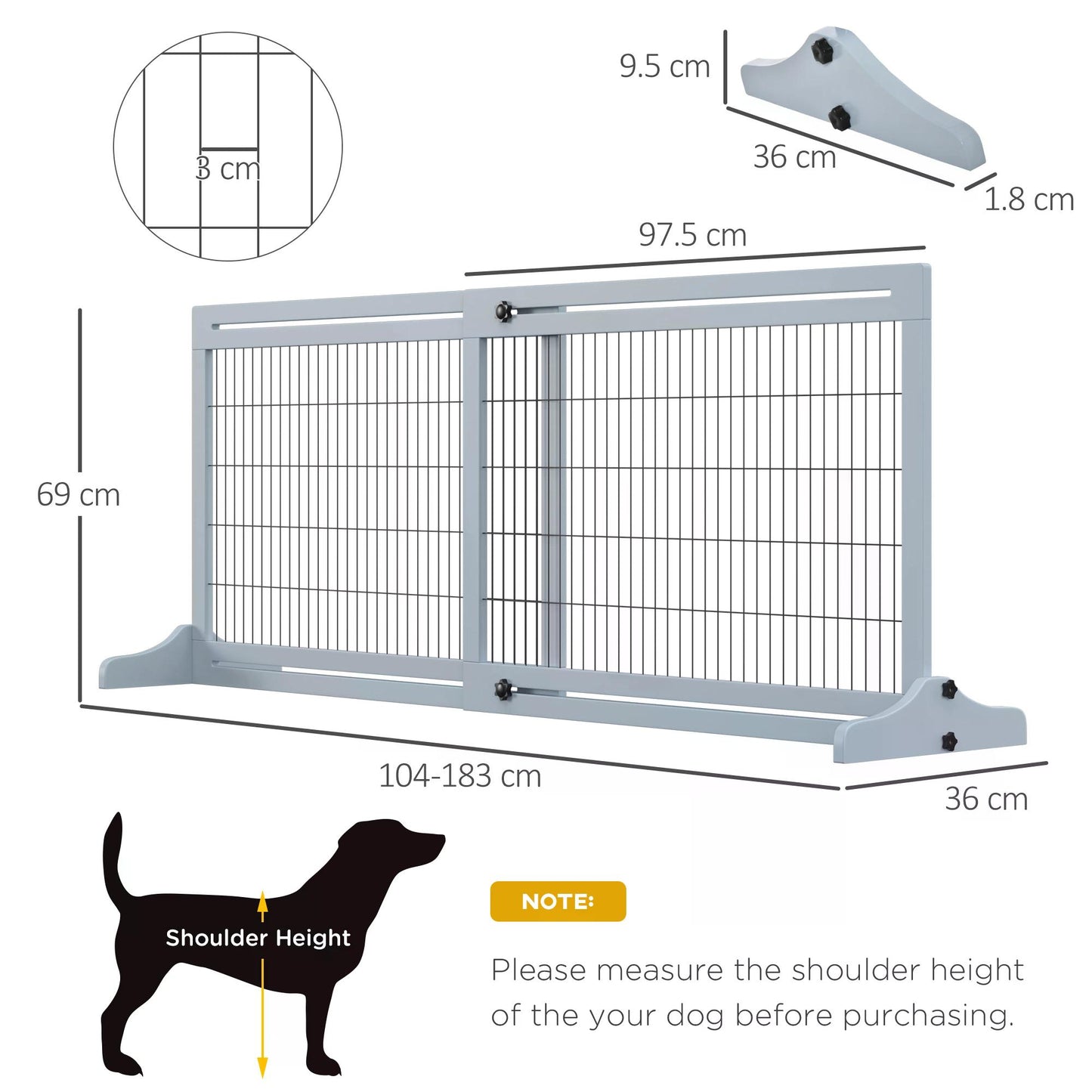 Freestanding Dog Gate, Foldable Pet Fence, Indoor Wood Barrier, Stair Gate with Support Feet, for Doorway, Hallway, Small and Medium Dogs, 69H x 104-183 cm, Blue-grey