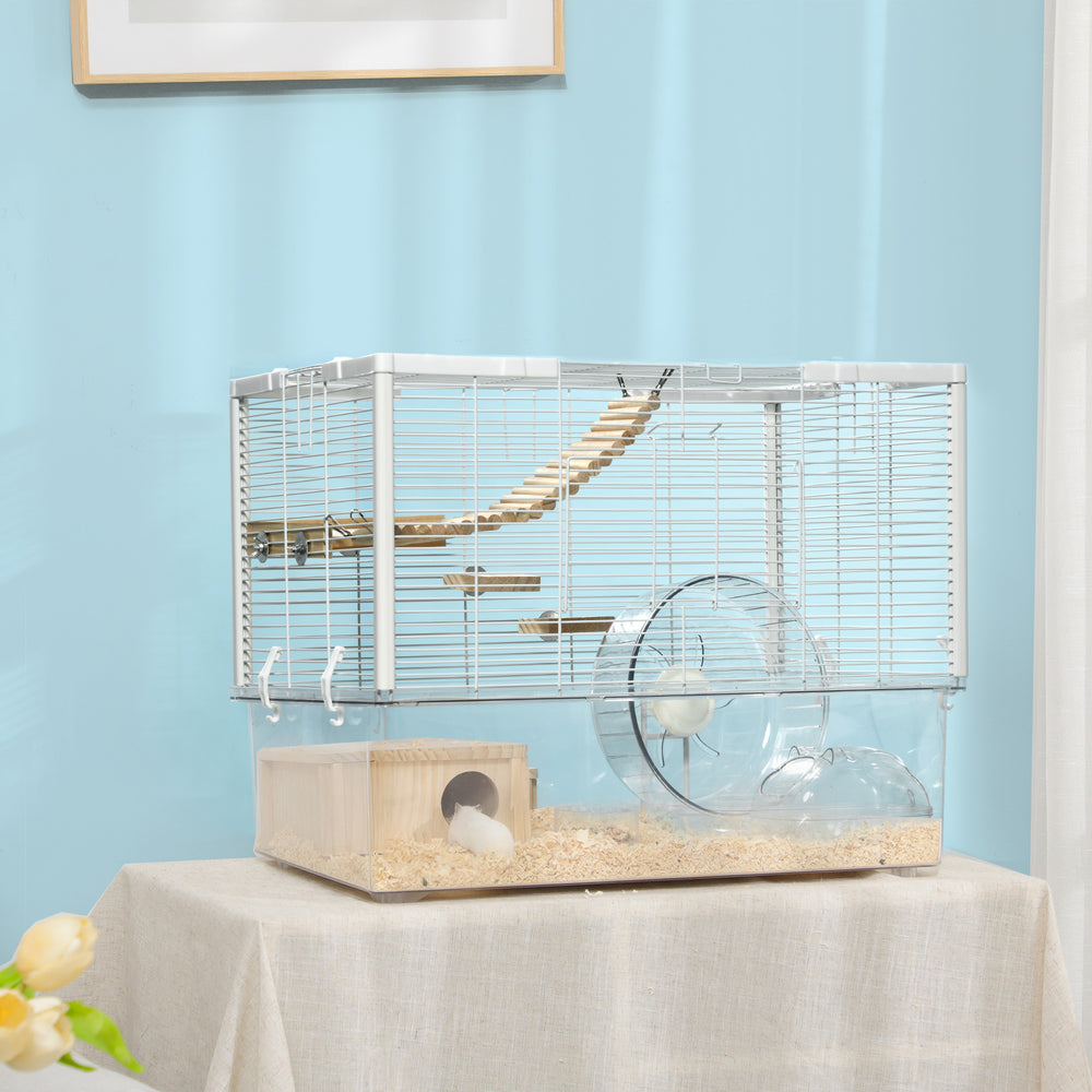 PawHut Hamster Cage, Gerbil Cage w/ Deep Bottom, Litter Area, Wooden Ramp, Platforms, Hut, Exercise Wheel, for Small Rodents, 59 x 35.5 x 47cm