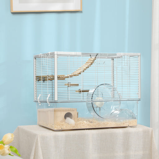 PawHut Hamster Cage, Gerbil Cage w/ Deep Bottom, Litter Area, Wooden Ramp, Platforms, Hut, Exercise Wheel, for Small Rodents, 59 x 35.5 x 47cm