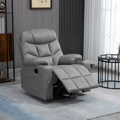 Manual Recliner Chair, Overstuffed PU Leather Recliner Armchair with Footrest, Cup Holders, Side Pockets, 360¬¨¬®¬¨¬Æ‚Äö√Ñ√∂‚àö‚Ä†‚àö¬™ Swivel for Living Room Bedroom, Light Grey
