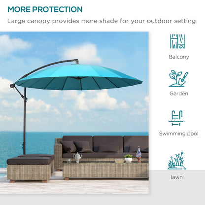 3(m) Cantilever Shanghai Parasol Garden Hanging Banana Sun Umbrella with Crank Handle, 18 Sturdy Ribs and Cross Base, Turquoise