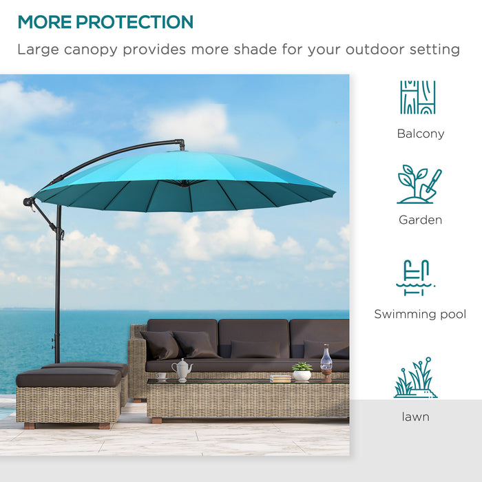 3(m) Cantilever Shanghai Parasol Garden Hanging Banana Sun Umbrella with Crank Handle, 18 Sturdy Ribs and Cross Base, Turquoise