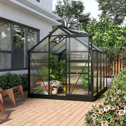 Outsunny 6 x 8ft Polycarbonate Greenhouse, Large Walk-In Green House with Slide Door and Window, Garden Plants Grow House with Aluminium Frame and Foundation, Grey